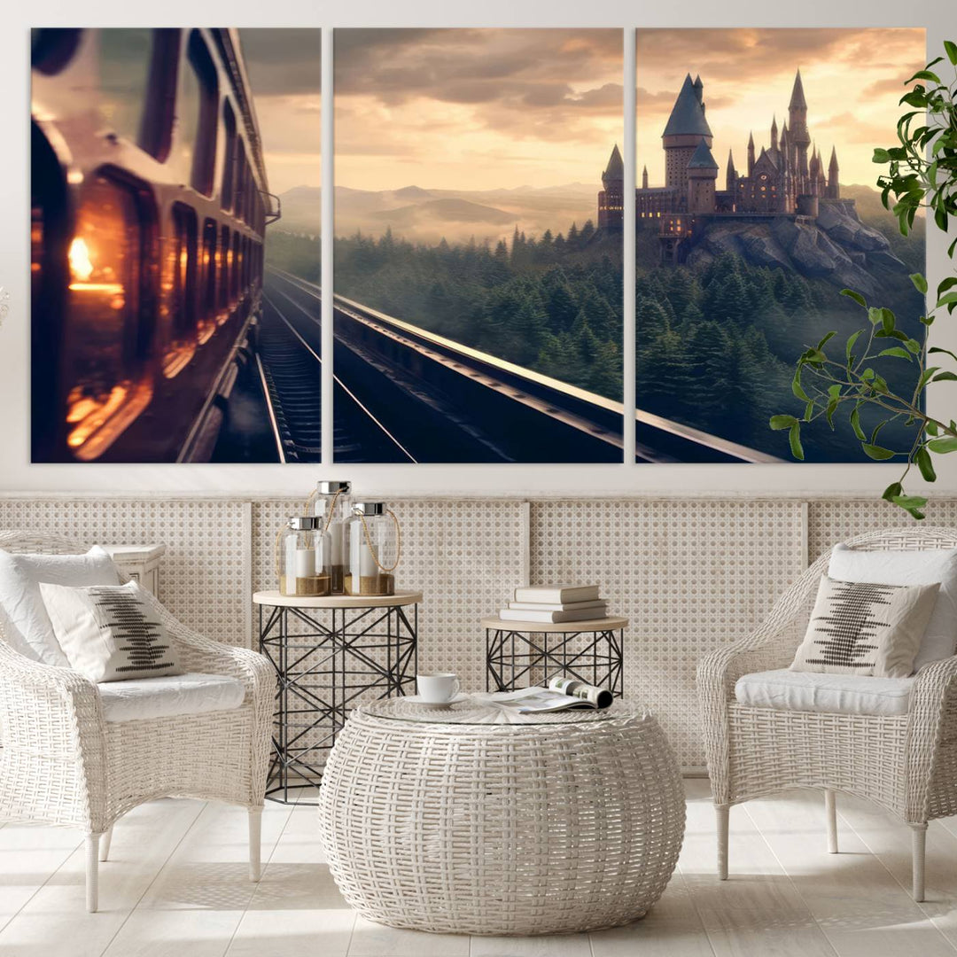 The "Harry Castle Wall Art Canvas Print," depicting a train and castle at sunrise, is elegantly featured with its gallery-quality finish in the modern living room.