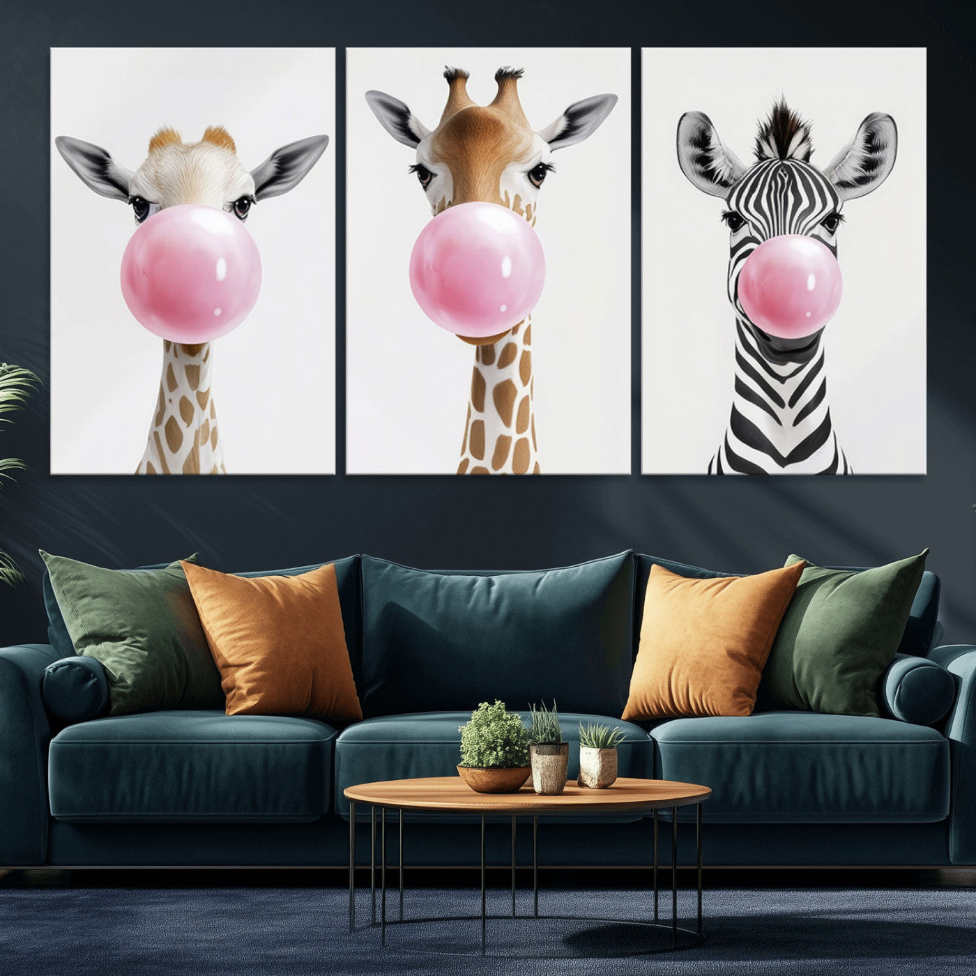 MGV-CV-60X30-3P - Bubblegum Animals Canvas Wall Art - Playful Giraffe and Zebra Trio, Fun Nursery Decor for Kids'