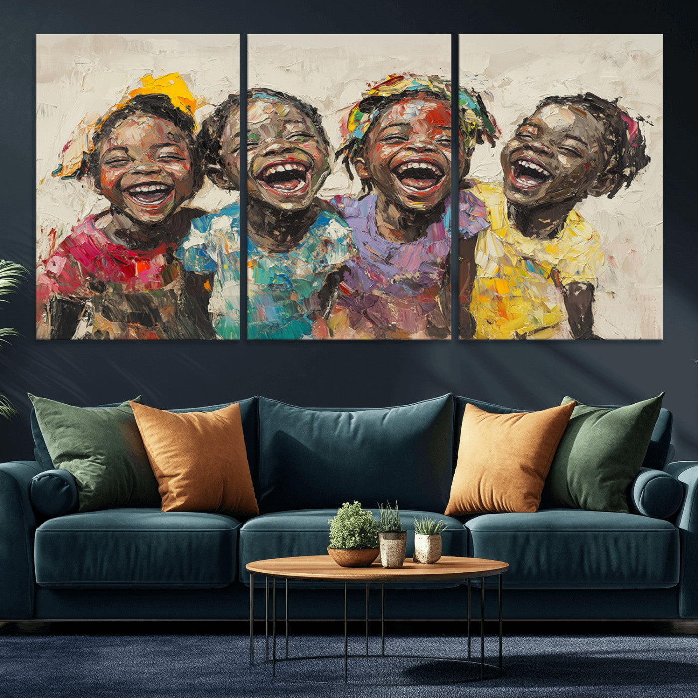 MGV-CV-60X30-3P - Shai Yossef style Joyful Childhood Canvas Wall Art - Expressive Impasto Painting of Black Children