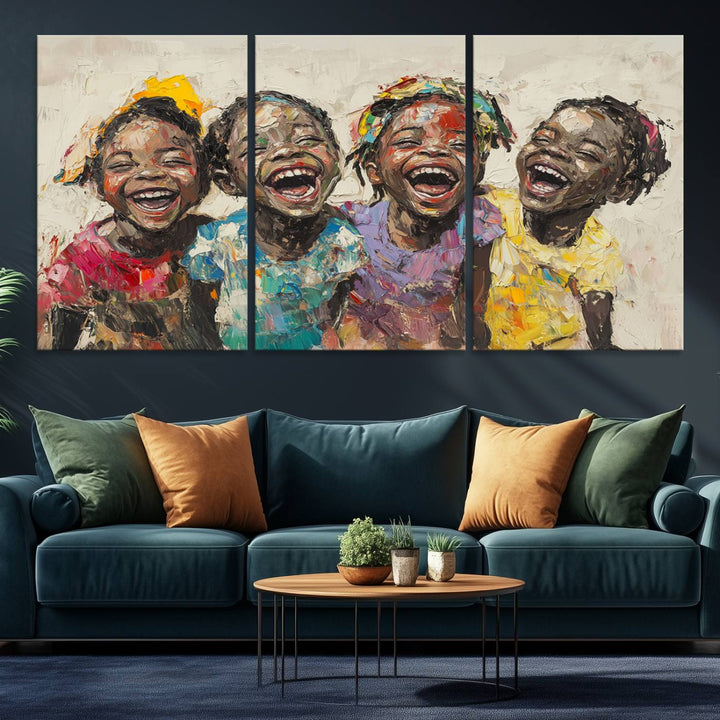 The Joyful Childhood Canvas Art by Shai Yossef, depicting kids laughing, is featured in the living room.