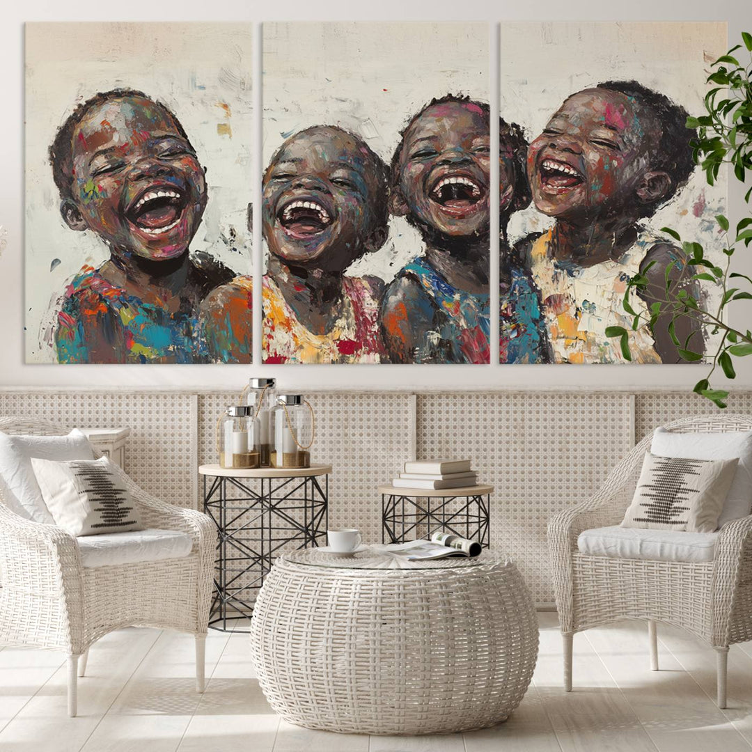 This Shai Yossef Print - Joyful Childhood Canvas Wall Art is an expressive impasto painting of laughing children. As framed abstract art for your living room, it adds a touch reminiscent of Shai Yossef's unique style to any living space.