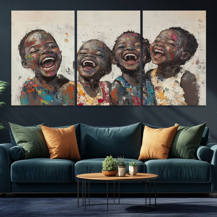 A living room featuring the Shai Yossef Joyful Childhood Canvas Wall Art.