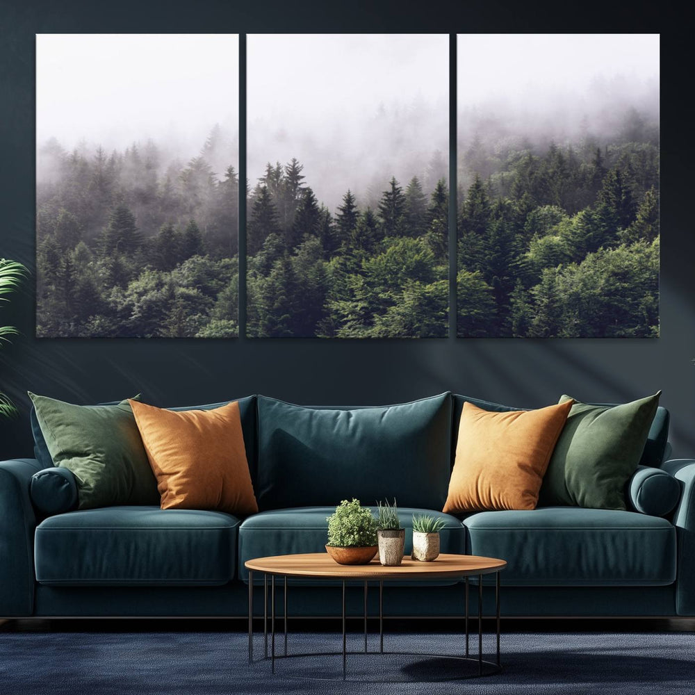 A serene triptych nature print featuring a misty forest, perfect as wall art.