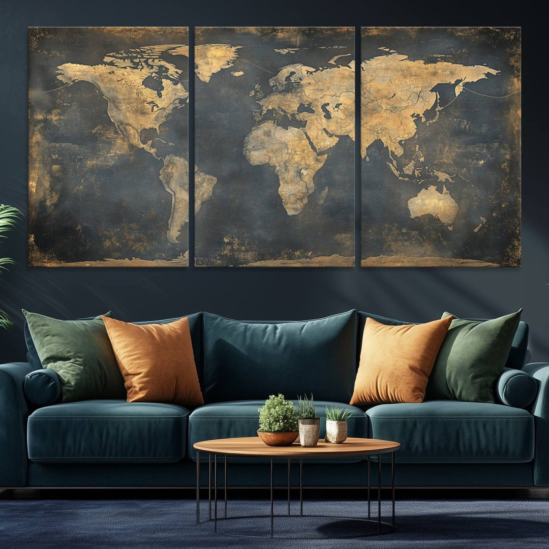 Grunge World Map Canvas Wall Art - Vintage Aged World Map with Golden Tones, Framed Artwork for Living Room, Office, or Study Decor