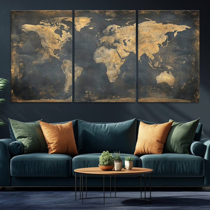 Grunge World Map Canvas Wall Art - Vintage Aged World Map with Golden Tones, Framed Artwork for Living Room, Office, or Study Decor