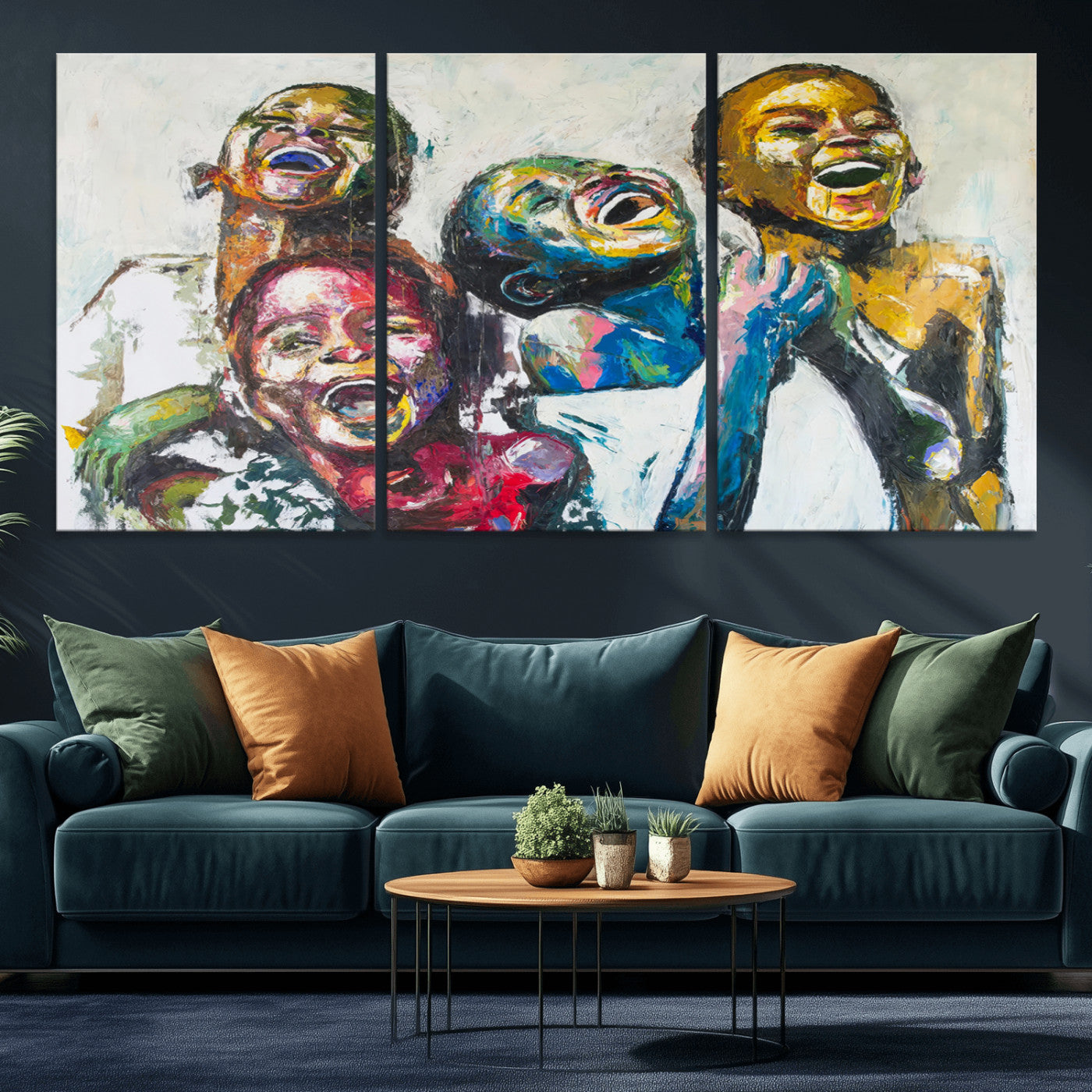 MGV-CV-60X30-3P - Shai Yossef Style Canvas Art - Joyful African Black Kids Impasto Painting with Vibrant Brushstrokes,