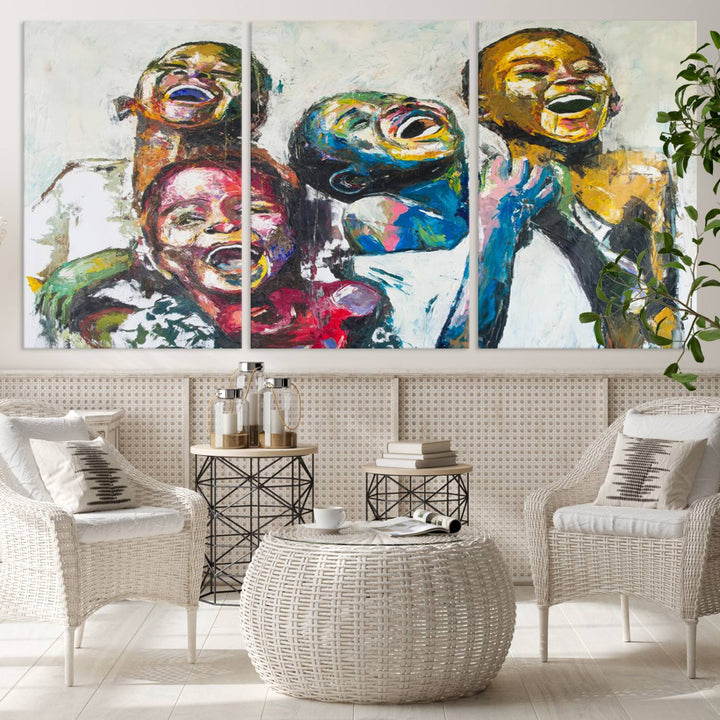 A multi-panel decor piece titled "Joyful African Black Kids" by Shai Yossef features a vibrant impasto painting of four children laughing and is elegantly displayed as premium canvas wall art.