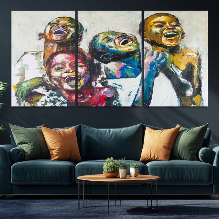 A vibrant Shai Yossef canvas art of joyful kids hangs prominently.