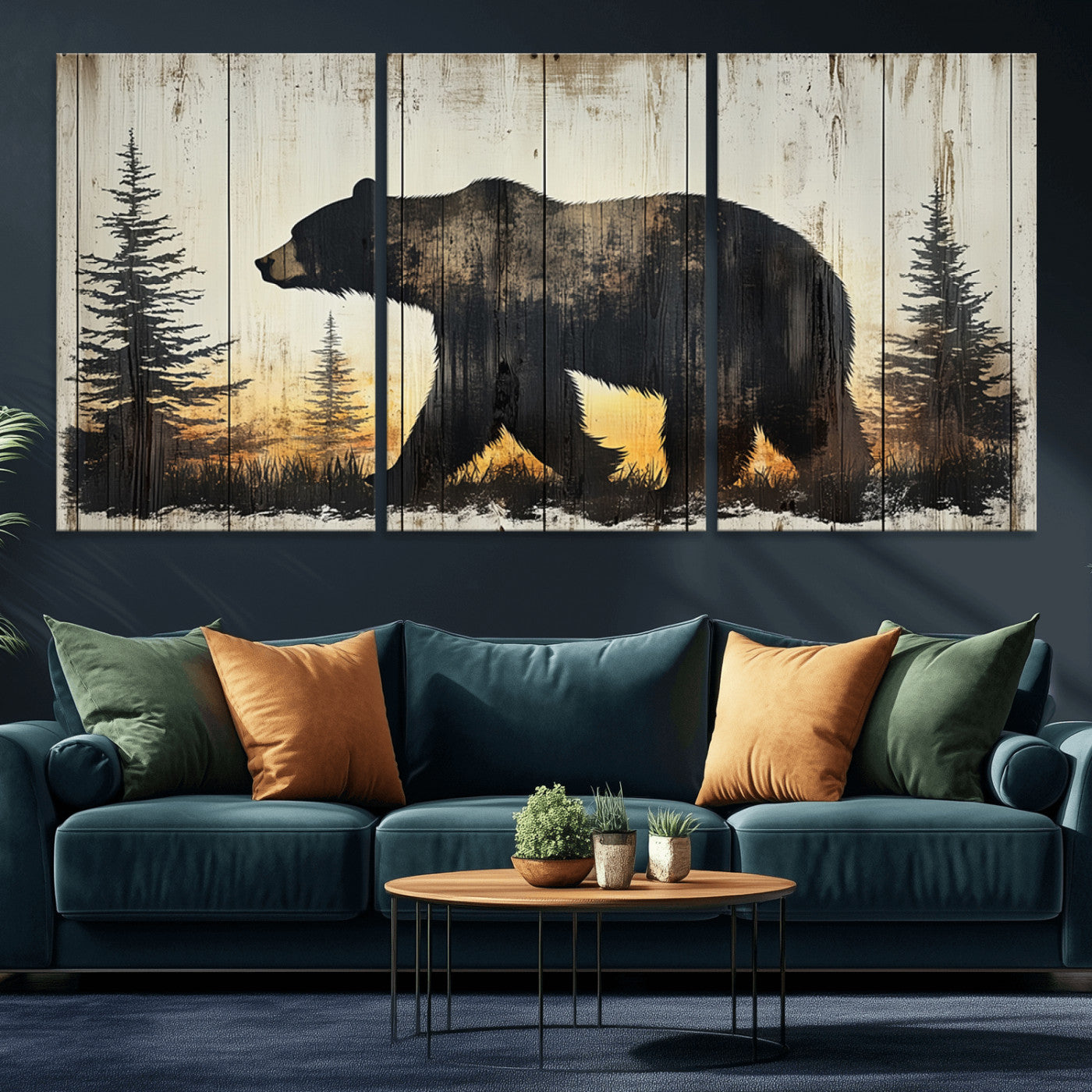 83875-MGV-CV-36X24-Vintage Bear Wall Art Canvas Print for Farmhouse - Mountain Wood Canvas Wall Art - Forest Silhouette
