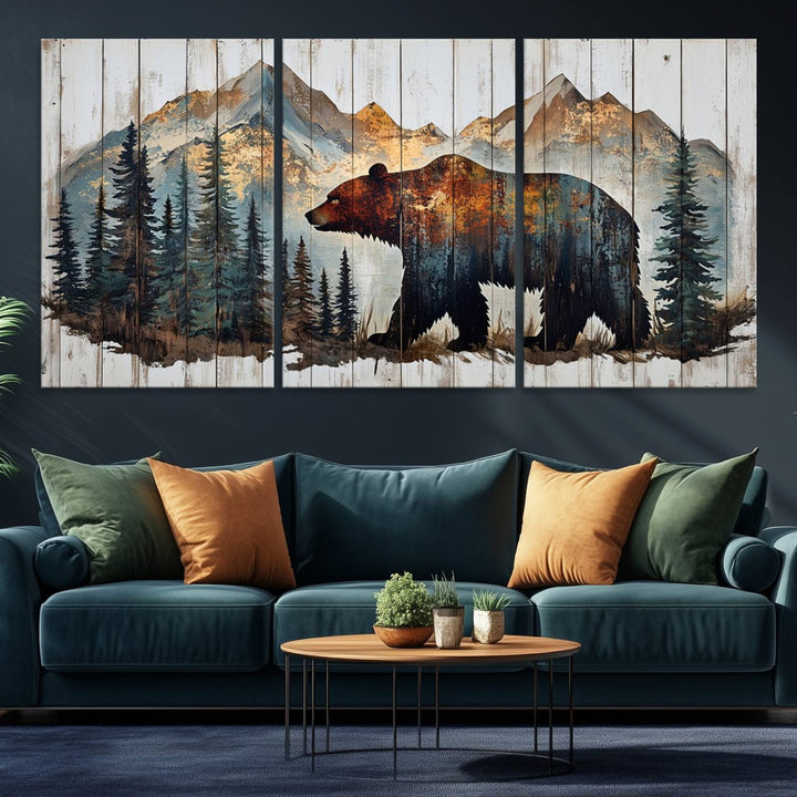 The living room features Rustic Grizzly 399 bear wall art, adding a cozy touch to the setup.