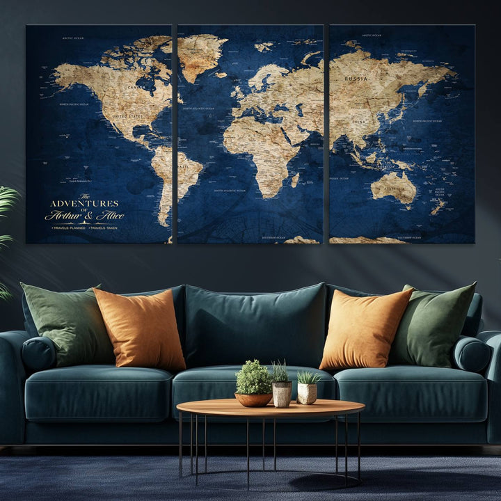 A Personalized Custom World Map Canvas Print on blue hangs prominently.