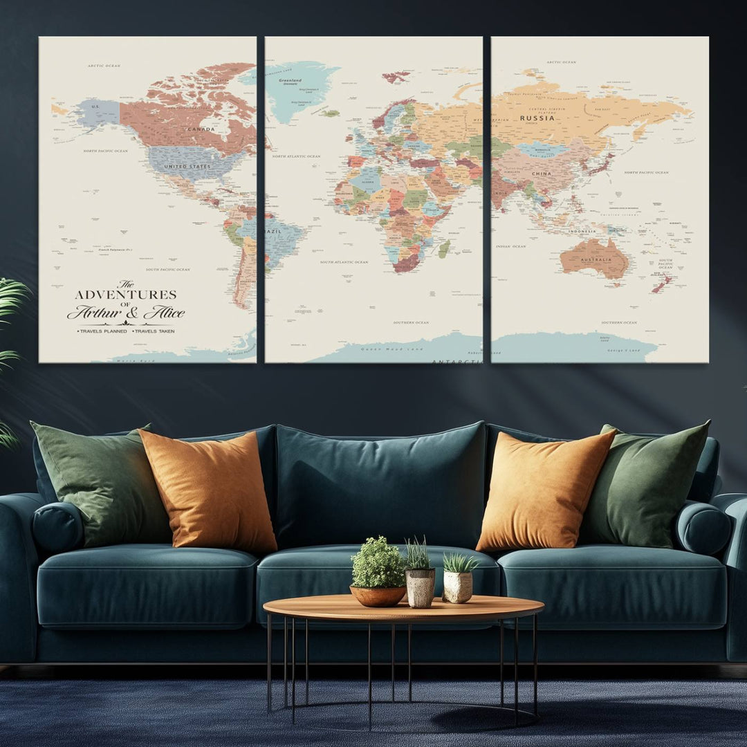 Custom World Map Wall Art Canvas Print - Personalized World Map Wall Art, Customize Wall Art Map Print