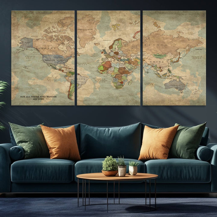 A Personalized World Map Canvas Print in vintage style enhances the setting with its artistic charm.