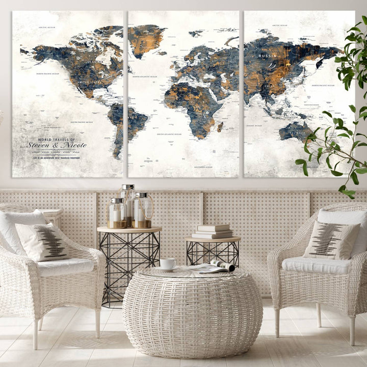 A smiling woman proudly holds the Personalized Push Pin Map Wall Art Print - Detailed Custom World Map Canvas Print in front of a white wall, perfect for travel enthusiasts eager to mark their adventures.