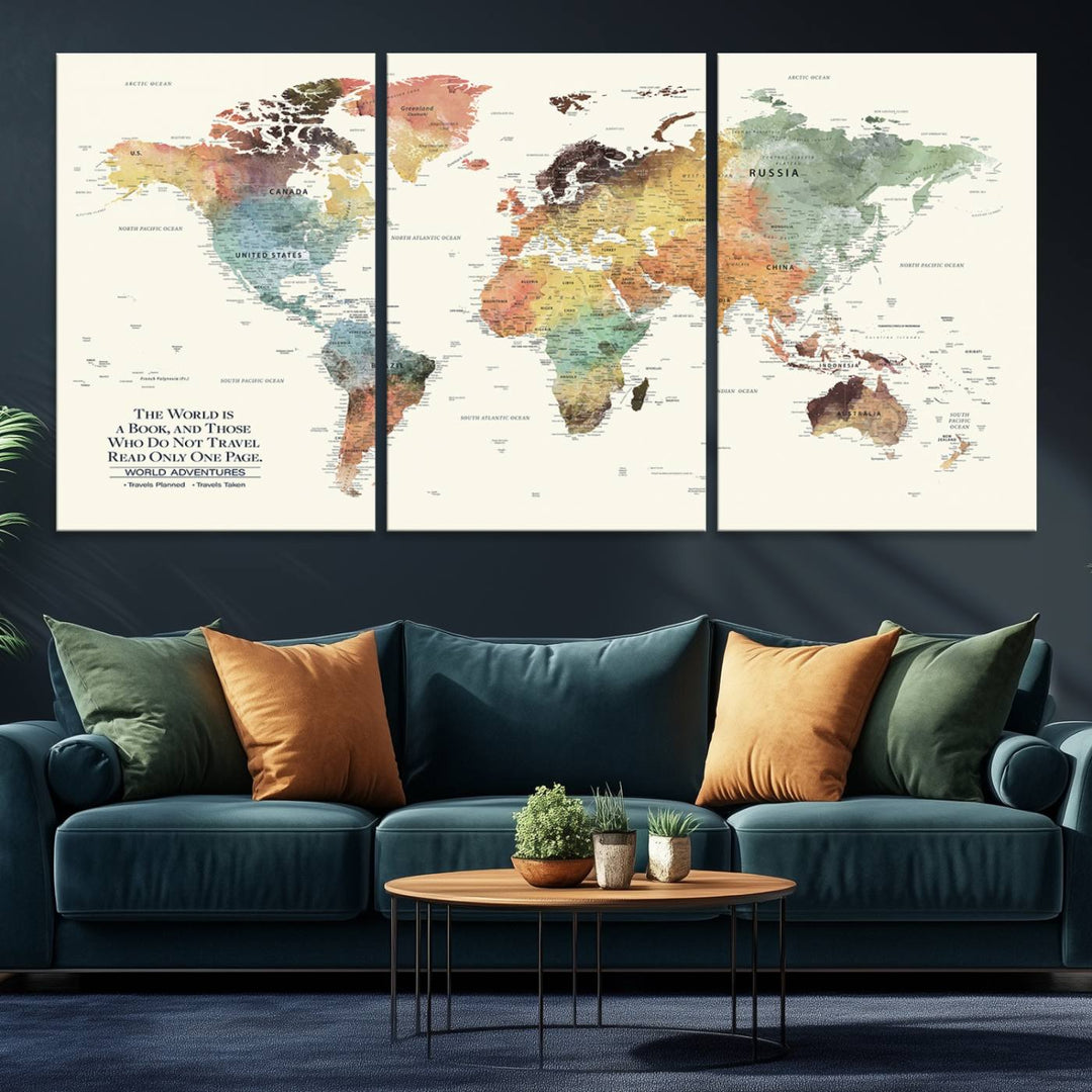 A colorful Personalized World Map Canvas Print, ideal as wall art for living room or office.