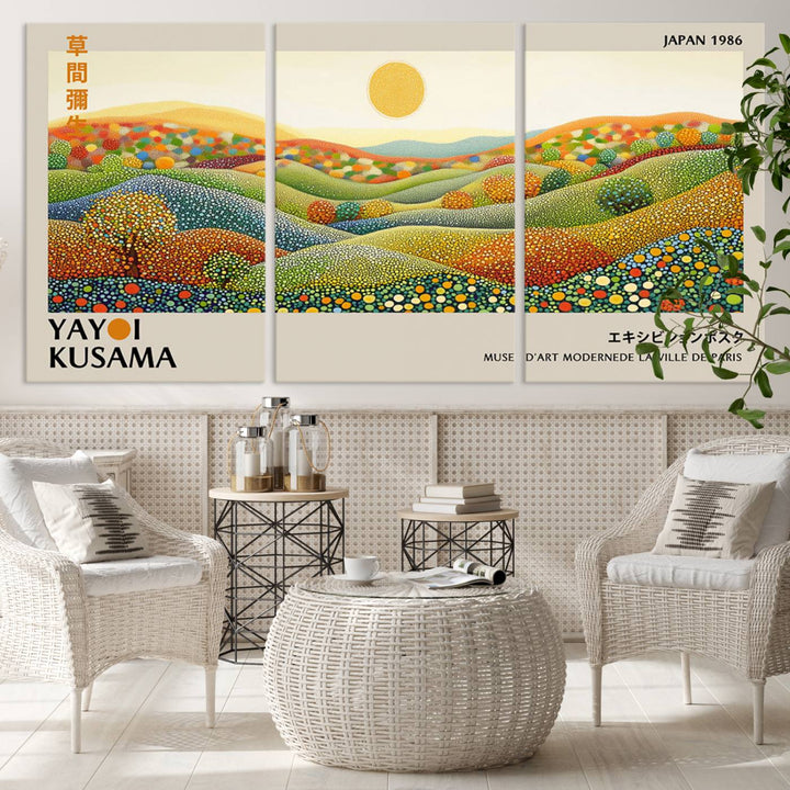 The framed Yayoi Kusama wall art print features a vibrant abstract landscape design from the 1986 Wabi Sabi Japanese Wall Art Print.