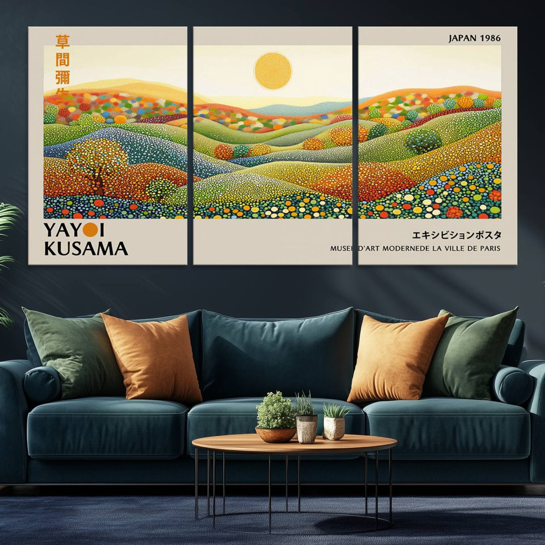 The Yayoi Kusama Wabi Sabi Japanese Wall Art Print features a vibrant landscape with dots, sun, and mountains.