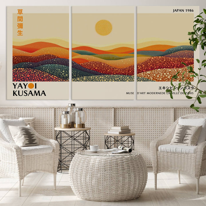 The Yayoi Kusama Wall Art Print is a vibrant abstract landscape canvas featuring colorful, dotted hills and a sun, reminiscent of Yayoi Kusama's iconic designs.