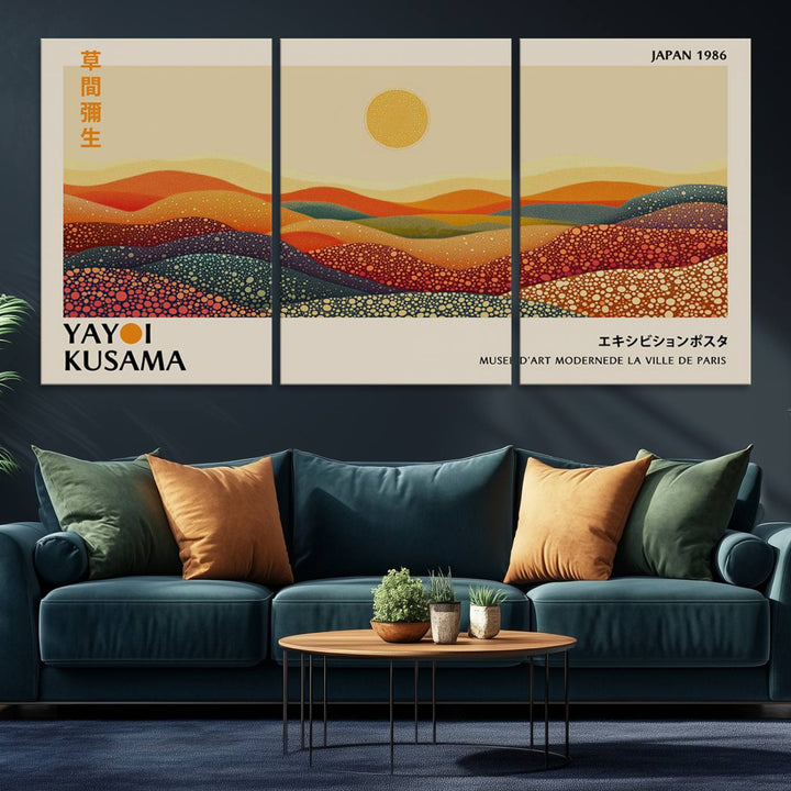 A Yayoi Kusama Wabi Sabi Japanese Wall Art Print features a vibrant, abstract landscape on canvas.