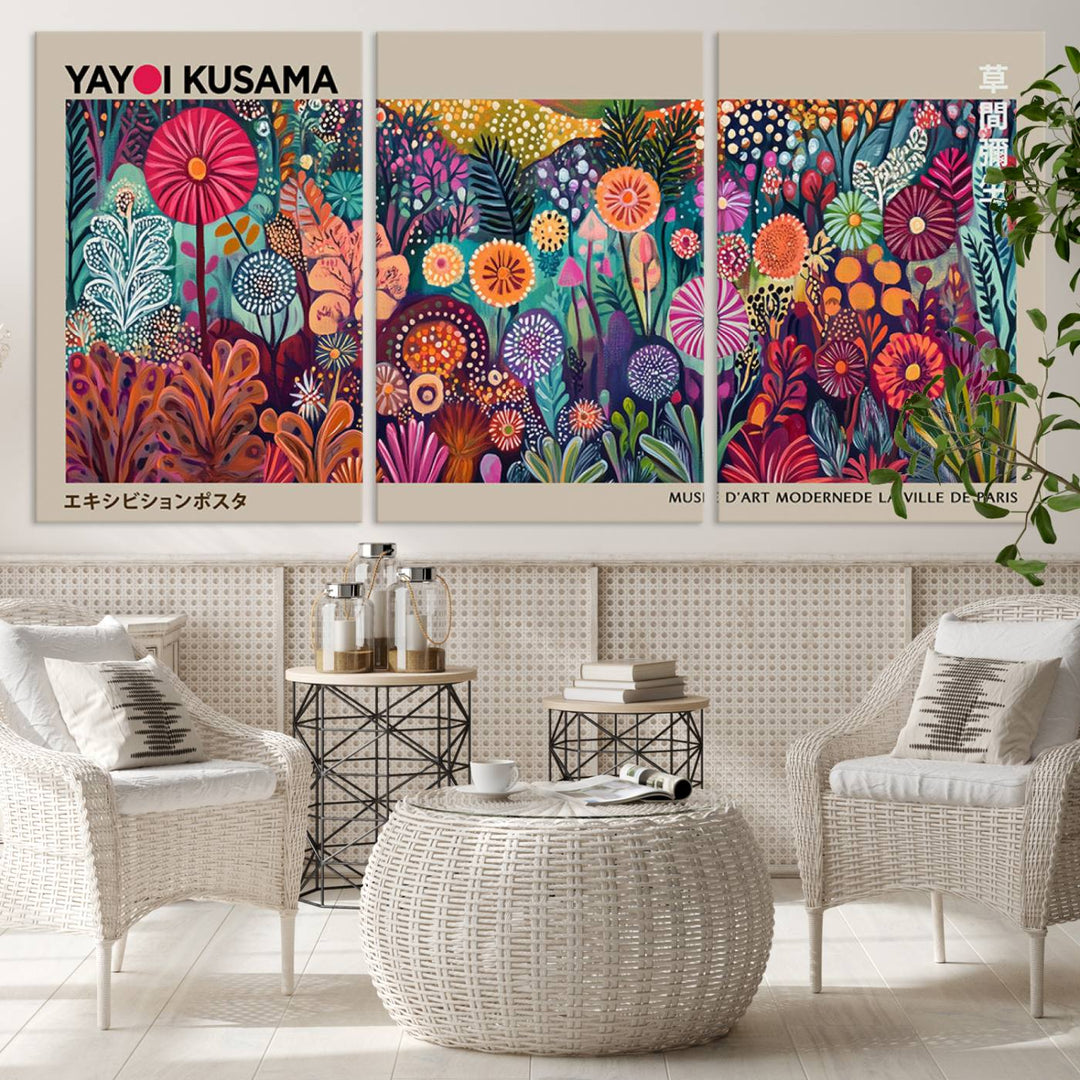 A framed "Yayoi Kusama Wall Art Canvas Print" showcases an abstract floral design, reflecting Japanese aesthetics.