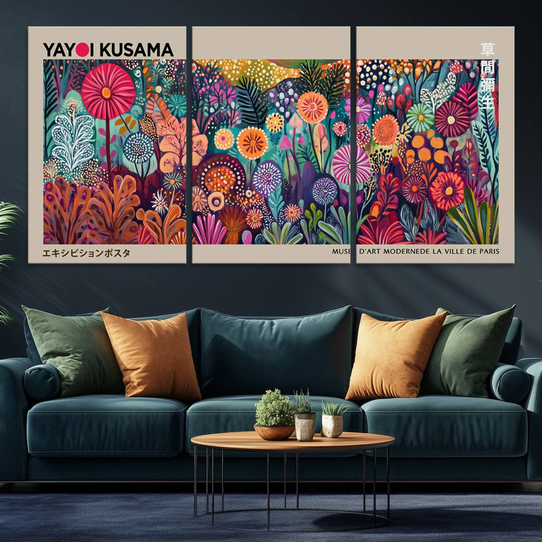 A vibrant Yayoi Kusama Wall Art Canvas Print is held on a porch.