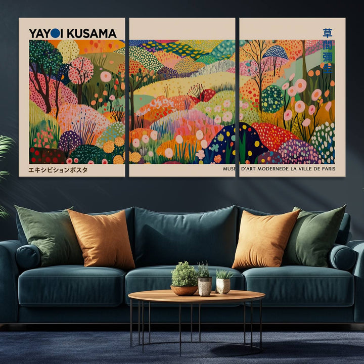 A Yayoi Kusama Wall Art Canvas Print featuring vibrant abstract floral patterns is displayed in a tranquil forest setting.