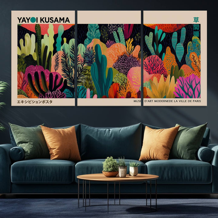 A vibrant Yayoi Kusama Wall Art Canvas Print showcases intricate abstract flora on a light background.