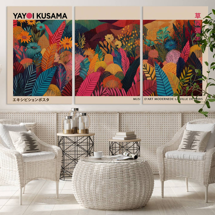 The Yayoi Kusama Inspired Wall Art Canvas Print features colorful flowers and foliage, presented with a premium canvas and gallery-quality finish.