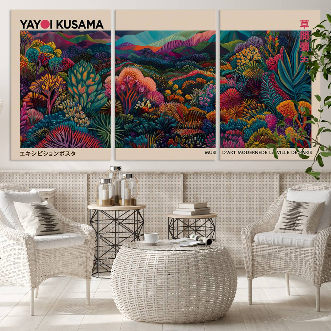 The Yayoi Kusama Wall Art Canvas Print features a vibrant and colorful landscape with abstract vegetation, perfectly capturing the essence of Japanese Wabi Sabi aesthetics.