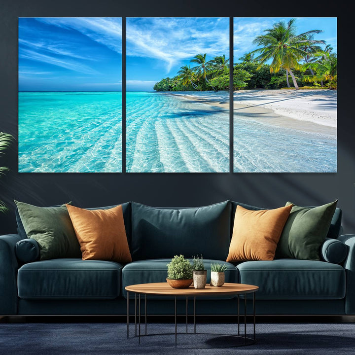 The Tropical Beach Wall Art Canvas Print features turquoise water and palm trees.