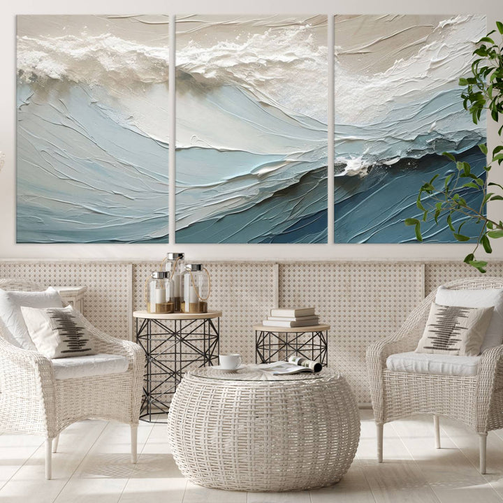 The Waves Abstract Wall Art Print, a captivating piece of modern framed abstract canvas, beautifully decorates the wall. This abstract painting is designed to enhance your living room decor and offers the convenience of being ready to hang.