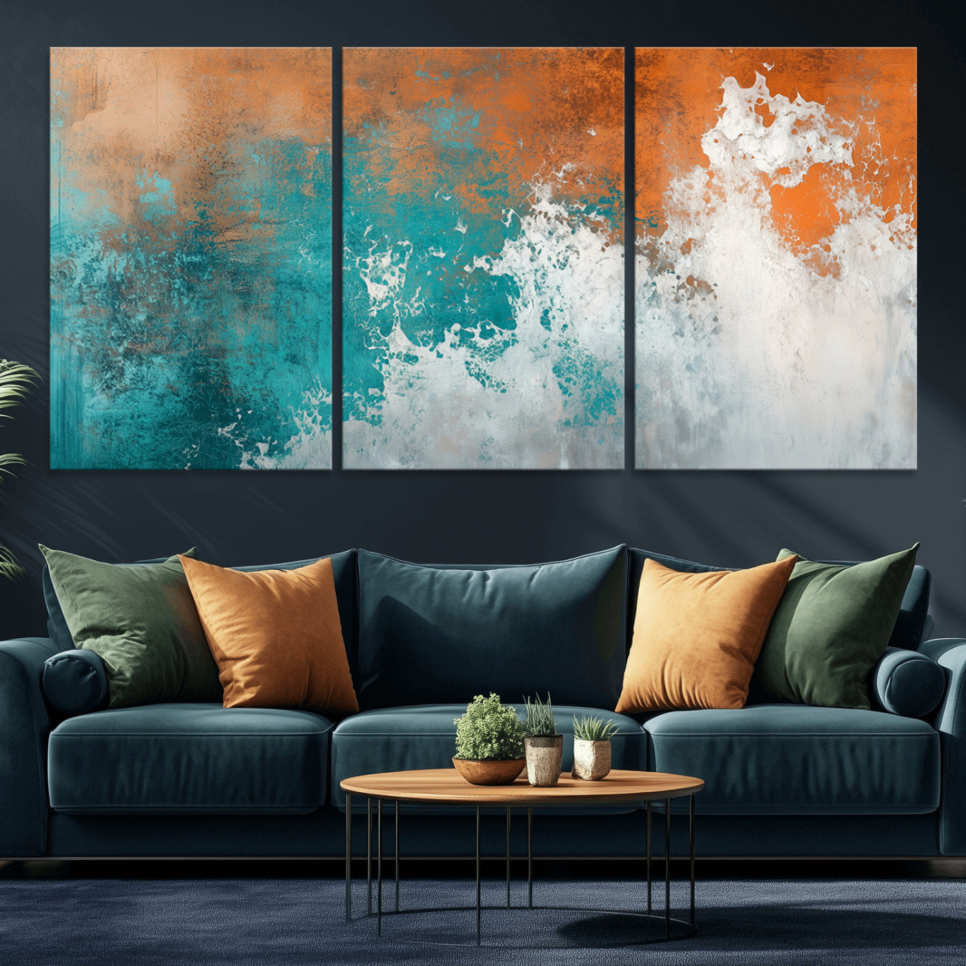 MGV-CV-60X30-3P - Vintage Abstract Print - Bold Teal and Orange Canvas Wall Art - Retro-Vintage Abstract Orange Canvas