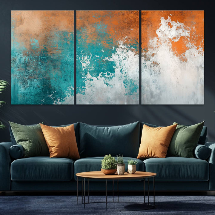 Vintage Abstract Print - Bold Teal and Orange Canvas Wall Art - Retro-Vintage Abstract Orange Canvas for Modern Decor