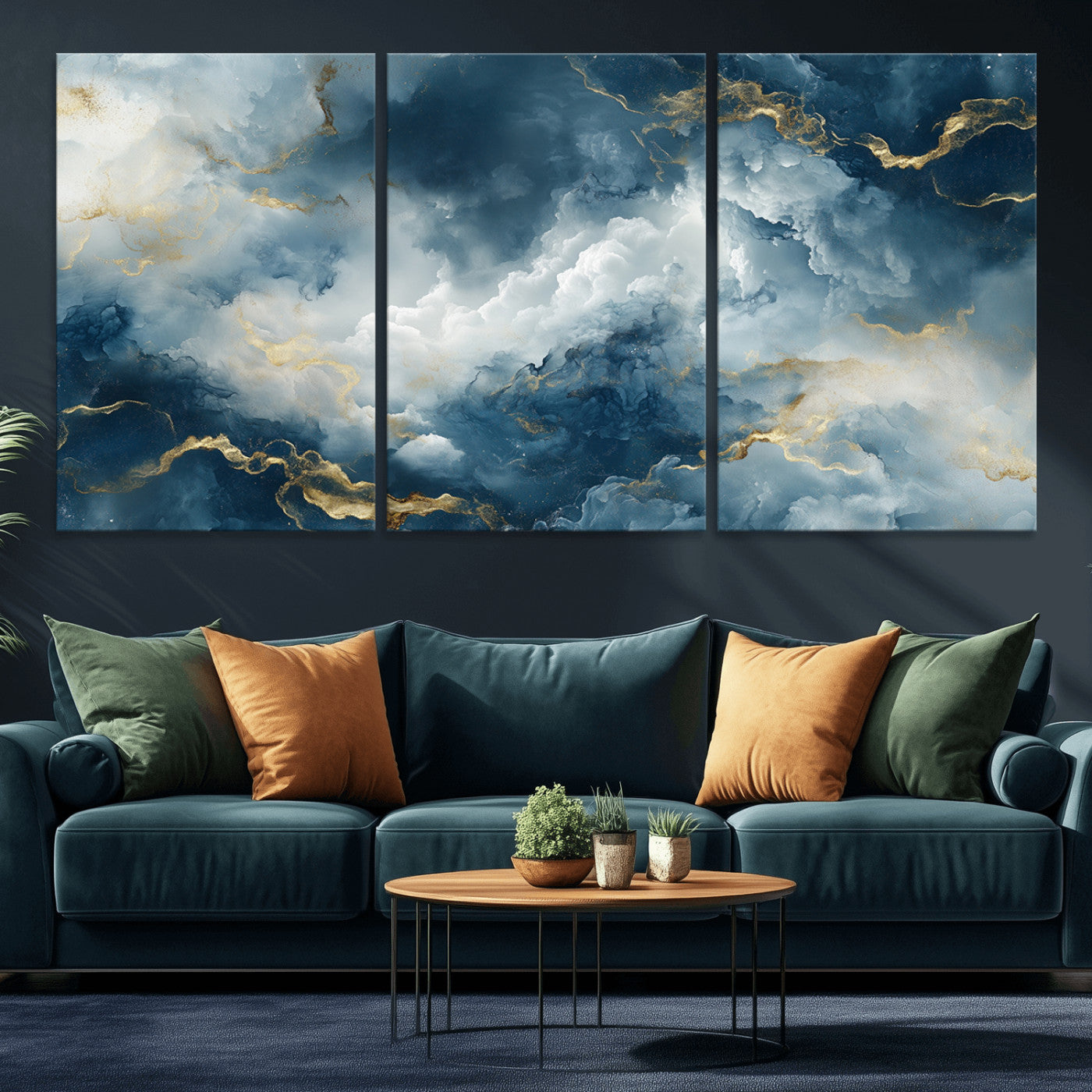 MGV-CV-60X30-3P - Large Abstract Print - Luxe Blue and Gold Abstract Canvas Wall Art - Bold Cloudscape Canvas for