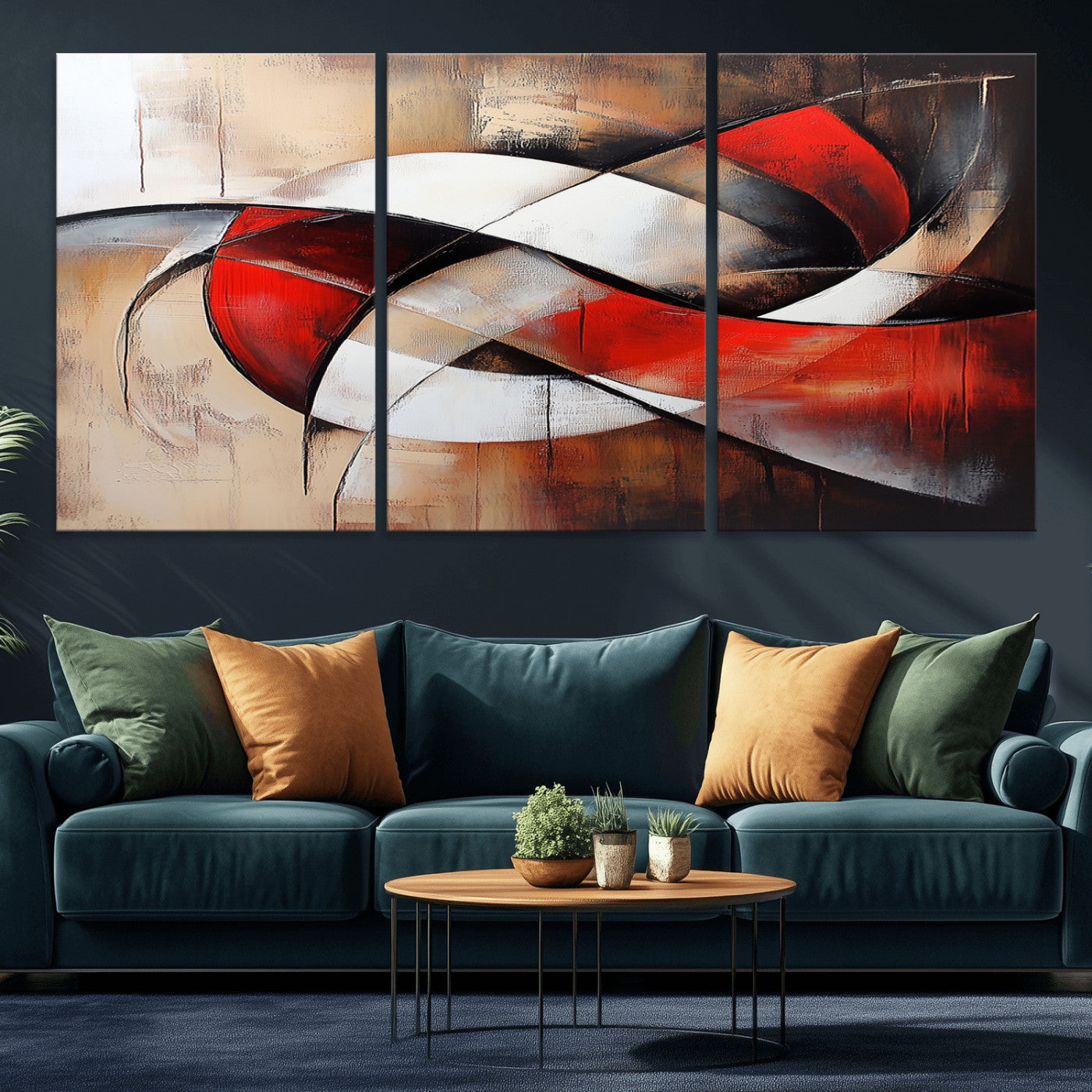 MGV-CV-60X30-3P - Abstract Wall Art - Modern Red and White Canvas Wall Art Print - Bold Geometric Abstract Canvas for