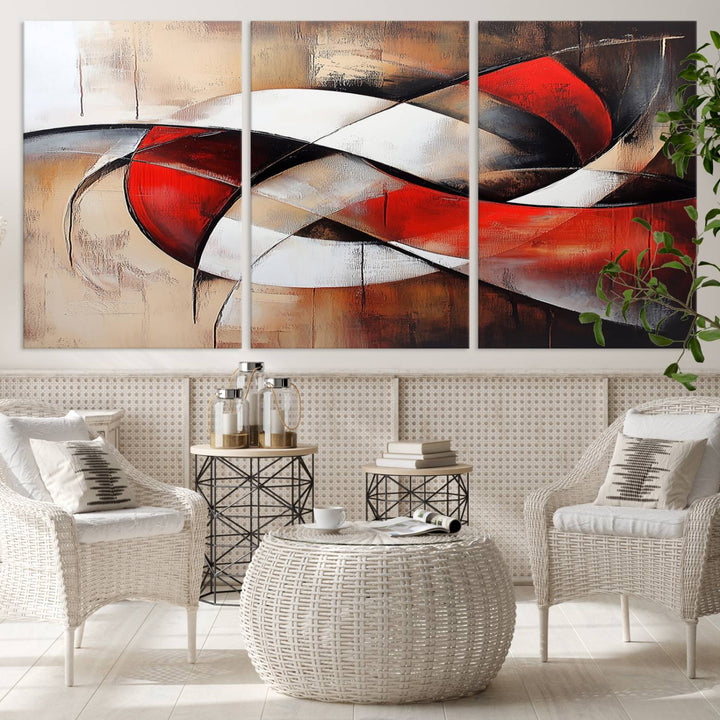 In a contemporary living room, the sunlight casts artistic shadows and highlights an abstract triptych wall art featuring bold red and white geometric shapes.