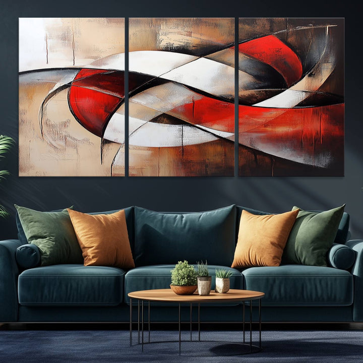 The Abstract Wall Art - Modern Red and White Canvas is displayed prominently in front of an entrance.