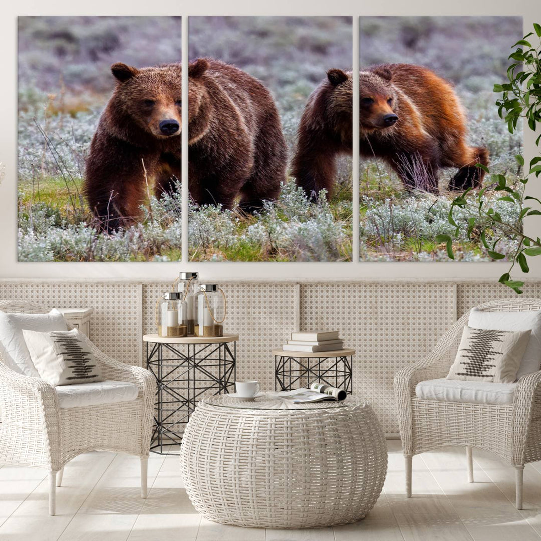 The "Grizzly 399 in Wild Flowers" wall art canvas print, showcasing grizzly bears amidst vibrant wildflowers, elegantly captures the enchanting essence of nature. This handmade piece from the USA brings striking beauty to any space.