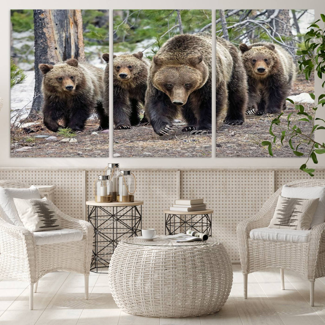 The wall art, a breathtaking canvas print titled "Queen of the Tetons," features 399 Grizzly Bear Cubs majestically captured in a forest setting. It is printed on premium canvas and handmade in the USA.