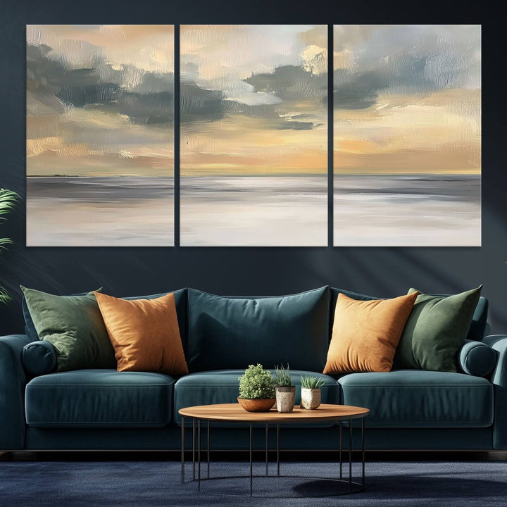 The Modern Coastal Wall Art Canvas Print features vibrant abstract ocean waves and clouds.