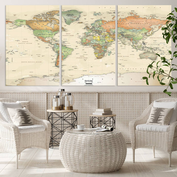 The Large Push Pin World Map Wall Art Canvas Print, with a gallery-quality finish, is carefully crafted on premium canvas and handmade in the USA. This piece adds a touch of elegance to any space.