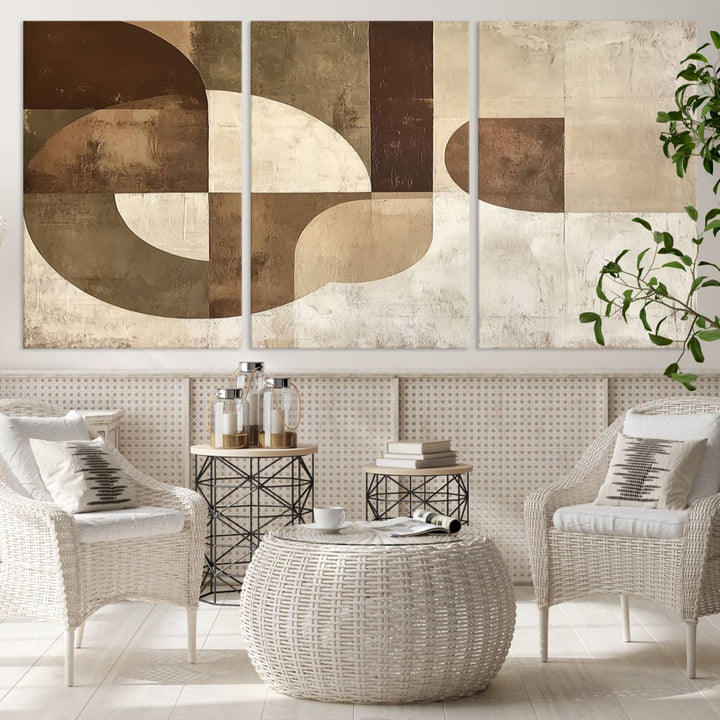 A Wabi Sabi Geometric Minimalist Wall Art Canvas Print—with a modern abstract geometric design in brown and beige tones—stands proudly in front of a house.