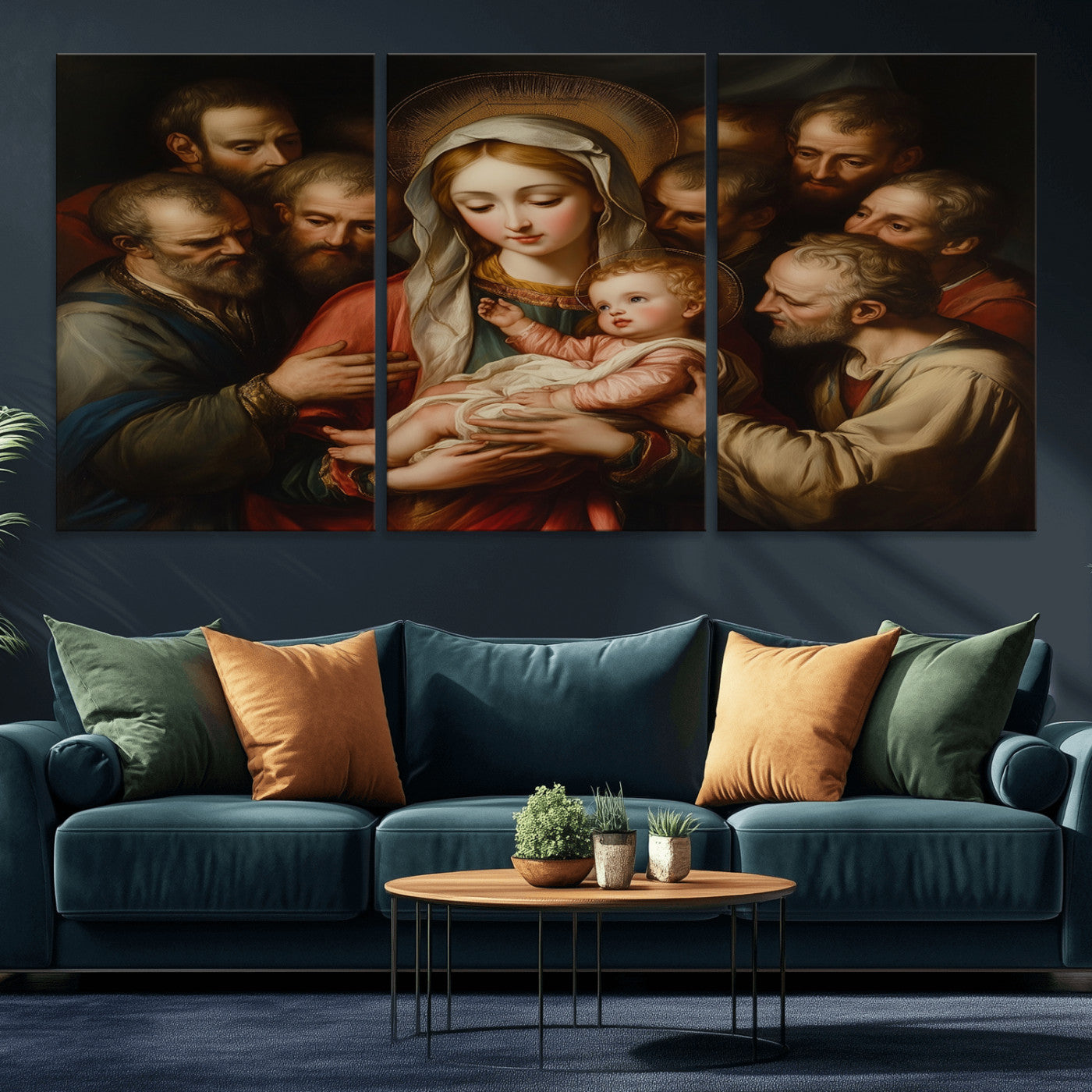 MGV-CV-60X30-3P - Religious Canvas Wall Art Print - Madonna and Child with Apostles Art Print - Classic Christian
