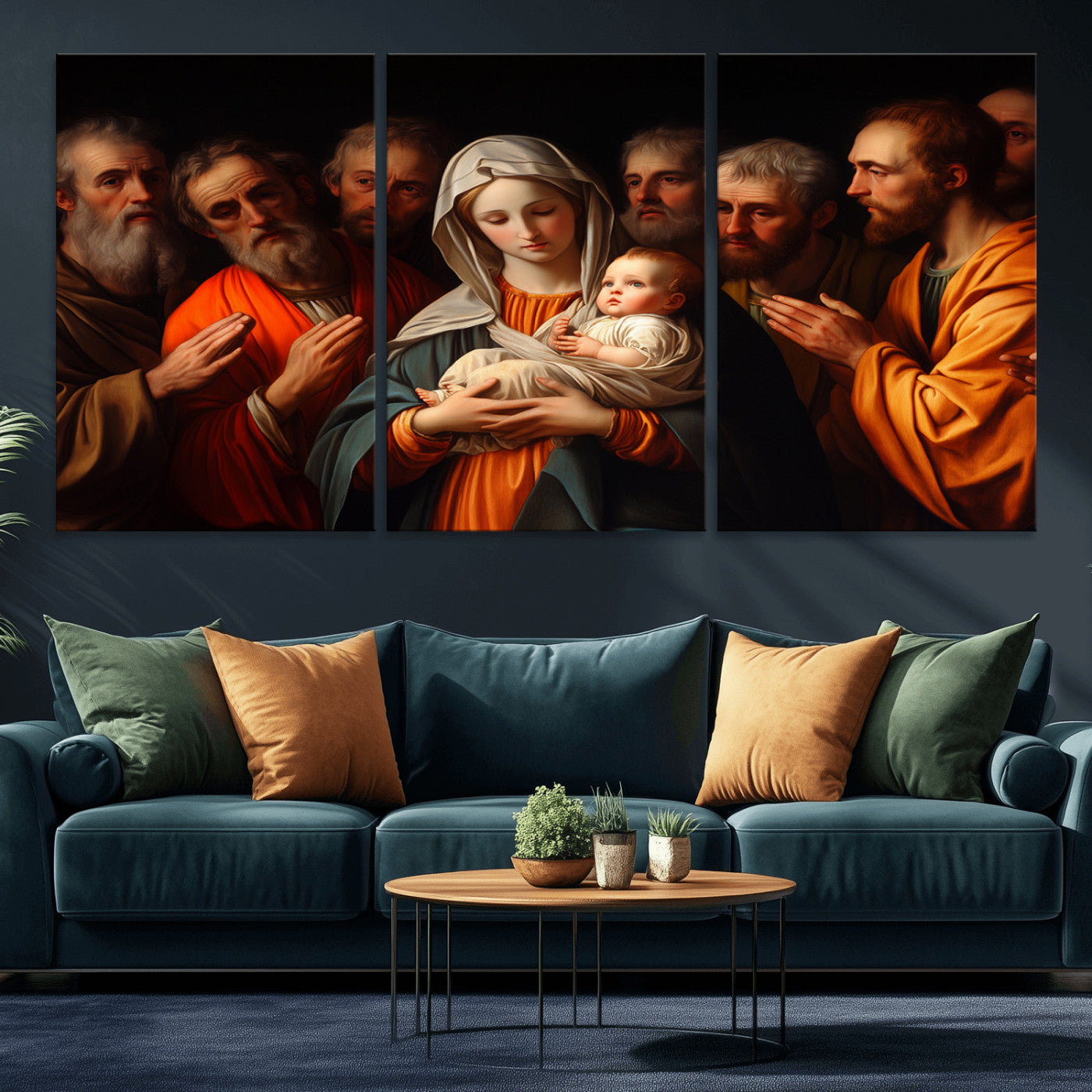 MGV-CV-60X30-3P - Religious Canvas Wall Art Print - Madonna and Child with Apostles Art Print - Classic Christian