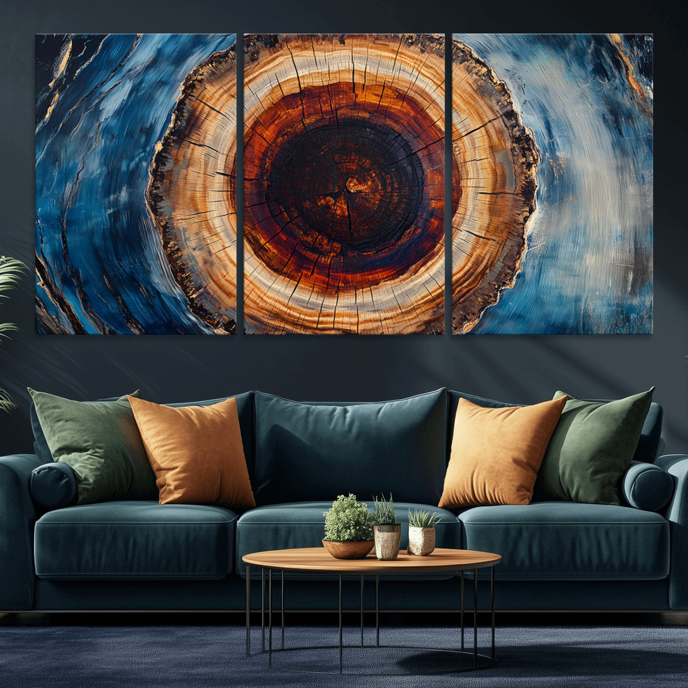 MGV-CV-60X30-3P - Framed Abstract Tree Ring Wall Art Print, Natural Rustic Wood Texture Canvas Print, Wood Tree Stump