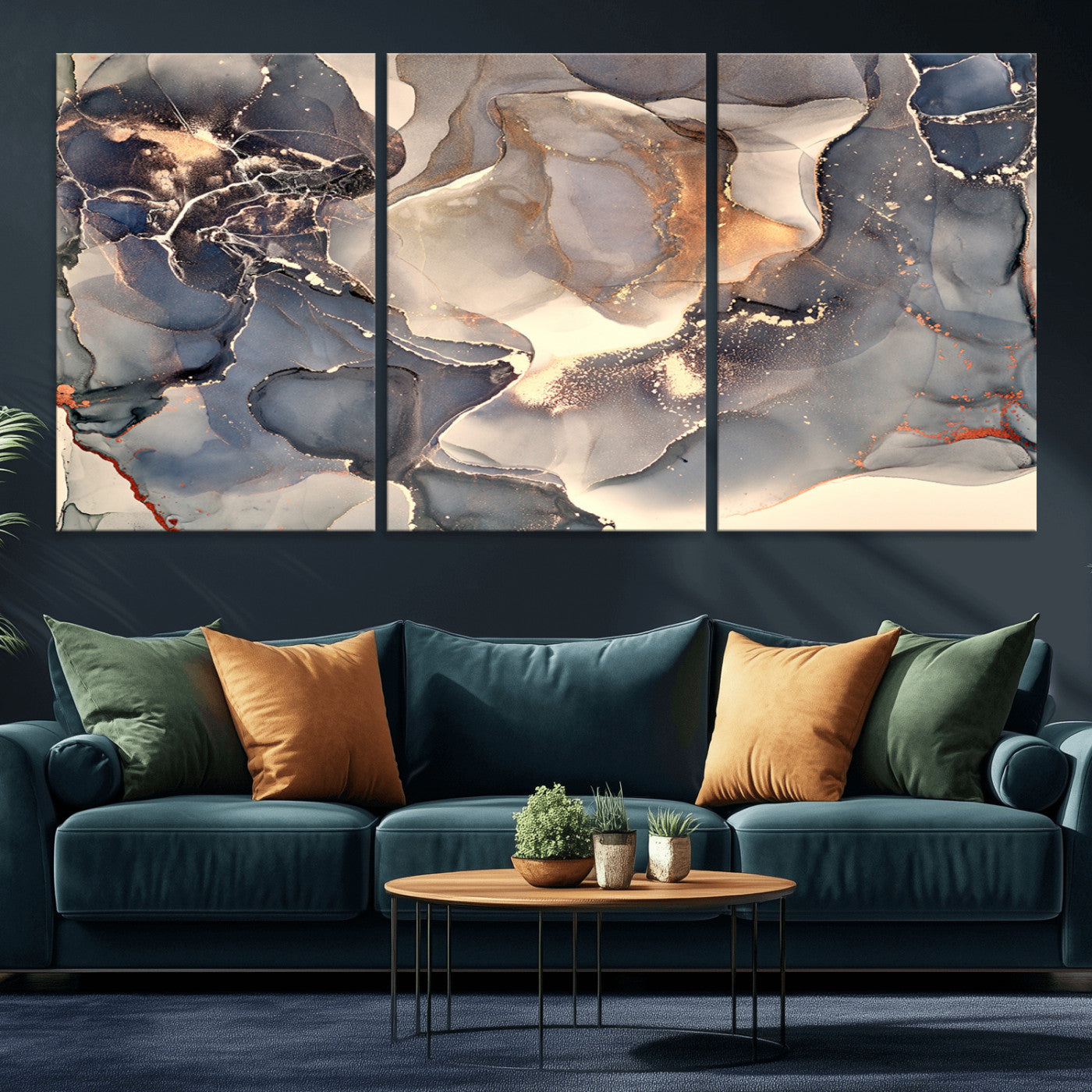 MGV-CV-60X30-3P - Abstract Blue and Gold Wall Art - Fluid Ink Artwork - Modern Luxury Wall Decor for Contemporary