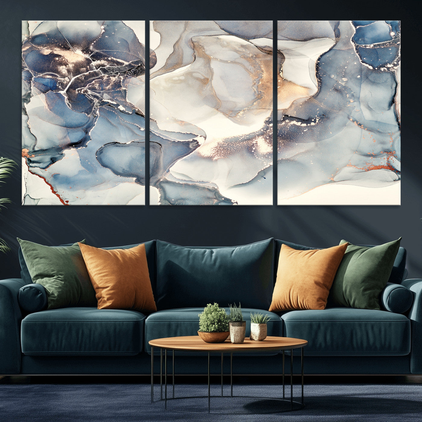 MGV-CV-60X30-3P - Abstract Blue and Gold Canvas Wall Art - Fluid Ink Artwork - Modern Luxury Wall Decor for Contemporary Interiors