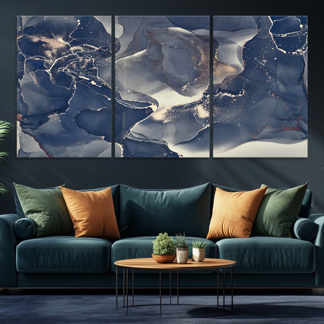 Large Abstract Blue and Gold Canvas Wall Art | Fluid Ink Artwork Print | Luxury Wall Decor for Contemporary Interiors | Framed Ready to Hang