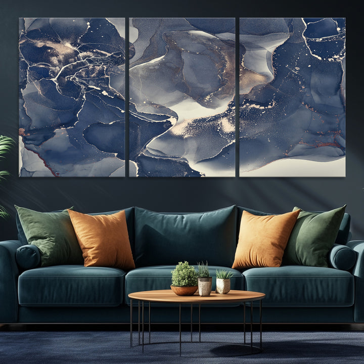 Large Abstract Blue and Gold Canvas Wall Art | Fluid Ink Artwork Print | Luxury Wall Decor for Contemporary Interiors | Framed Ready to Hang