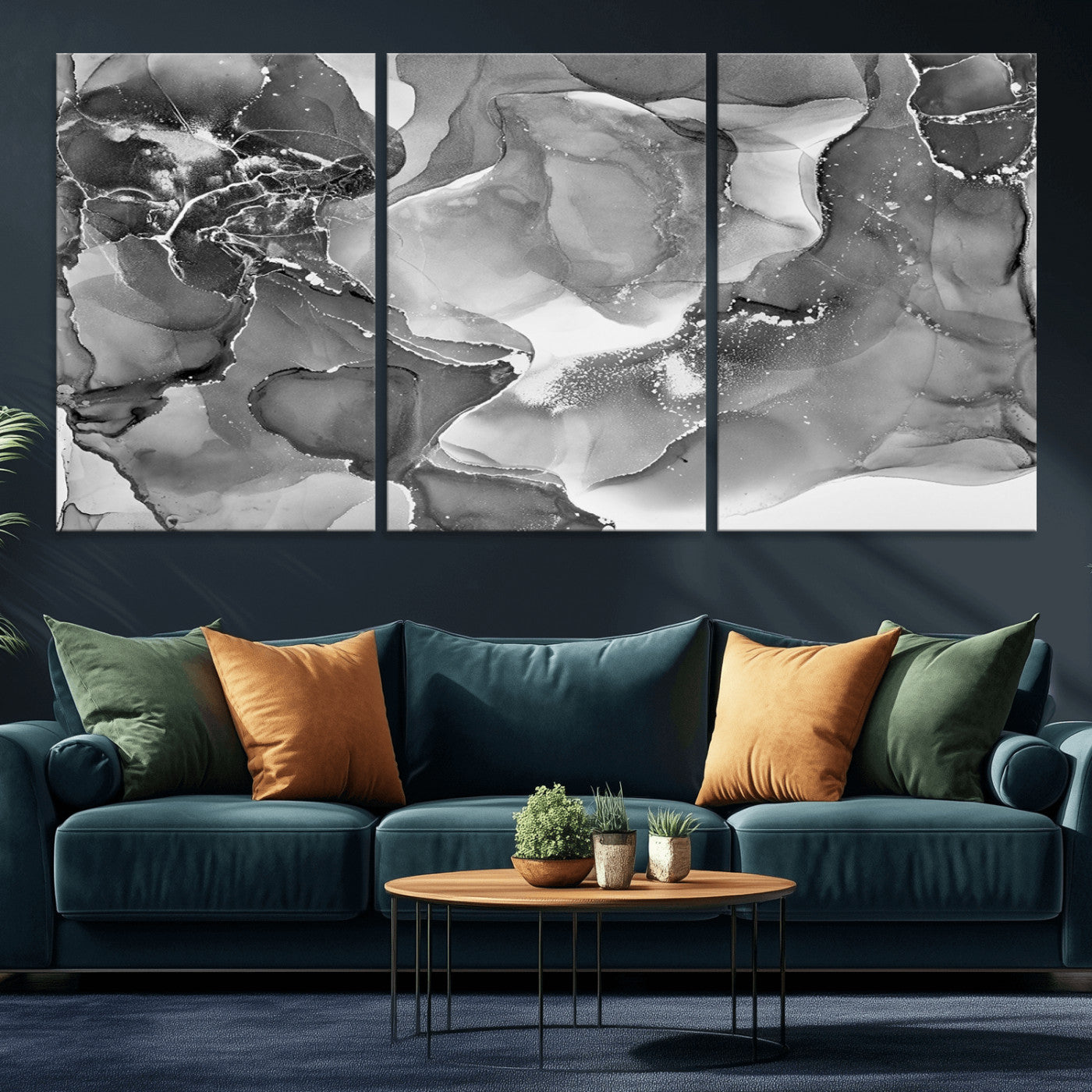 MGV-CV-60X30-3P - Black White Abstract Canvas Wall Art - Fluid Ink Artwork - Modern Luxury Wall Decor for Contemporary